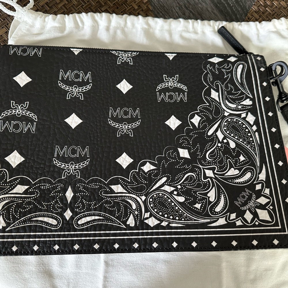 Authentic New MCM black/white paisley print medium pouch with strap & dust bag.